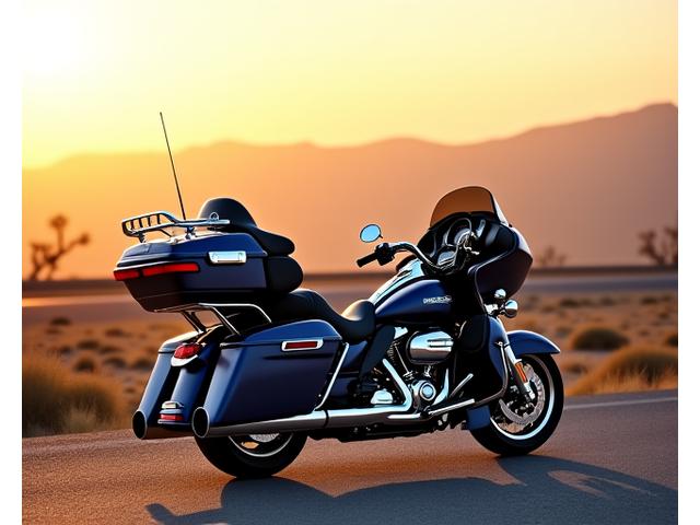 Full touring setup on a cruiser motorcycle with large saddlebags and a trunk.