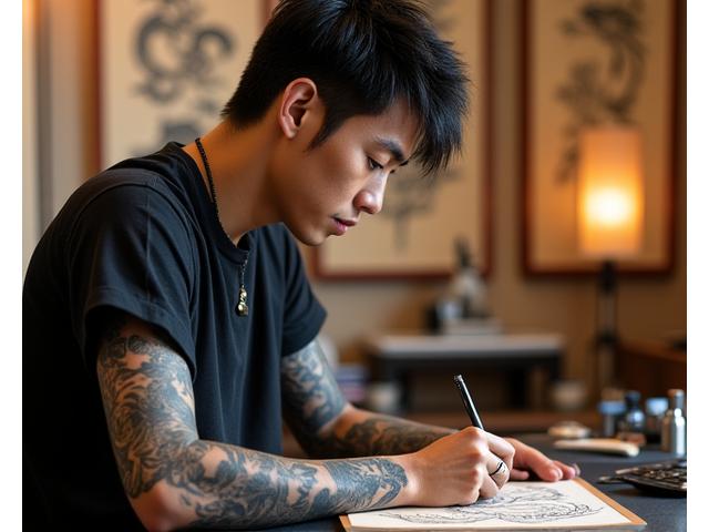 Portrait of tattoo artist Kenji 'Phoenix' Sato, showcasing intricate Japanese-inspired sleeve tattoos