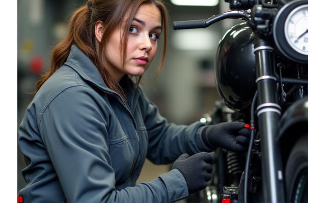 Woman rider demonstrating a safety check on her motorcycle
